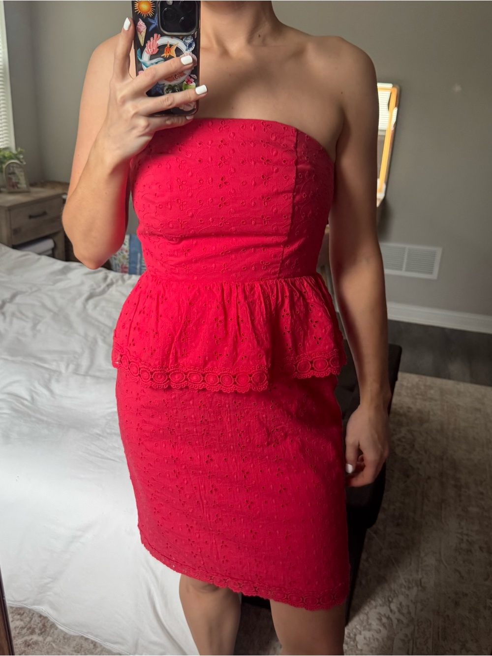 Strapless Red Eyelet Peplum Dress Allen B.